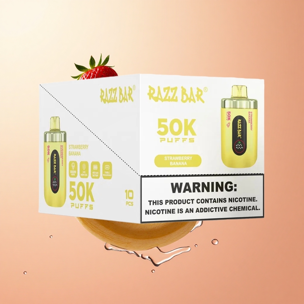 Fresa Plátano Razz Bar 50K Caladas Vape Desechable con Batería Recargable 650 Mah y 2 de Nicotina