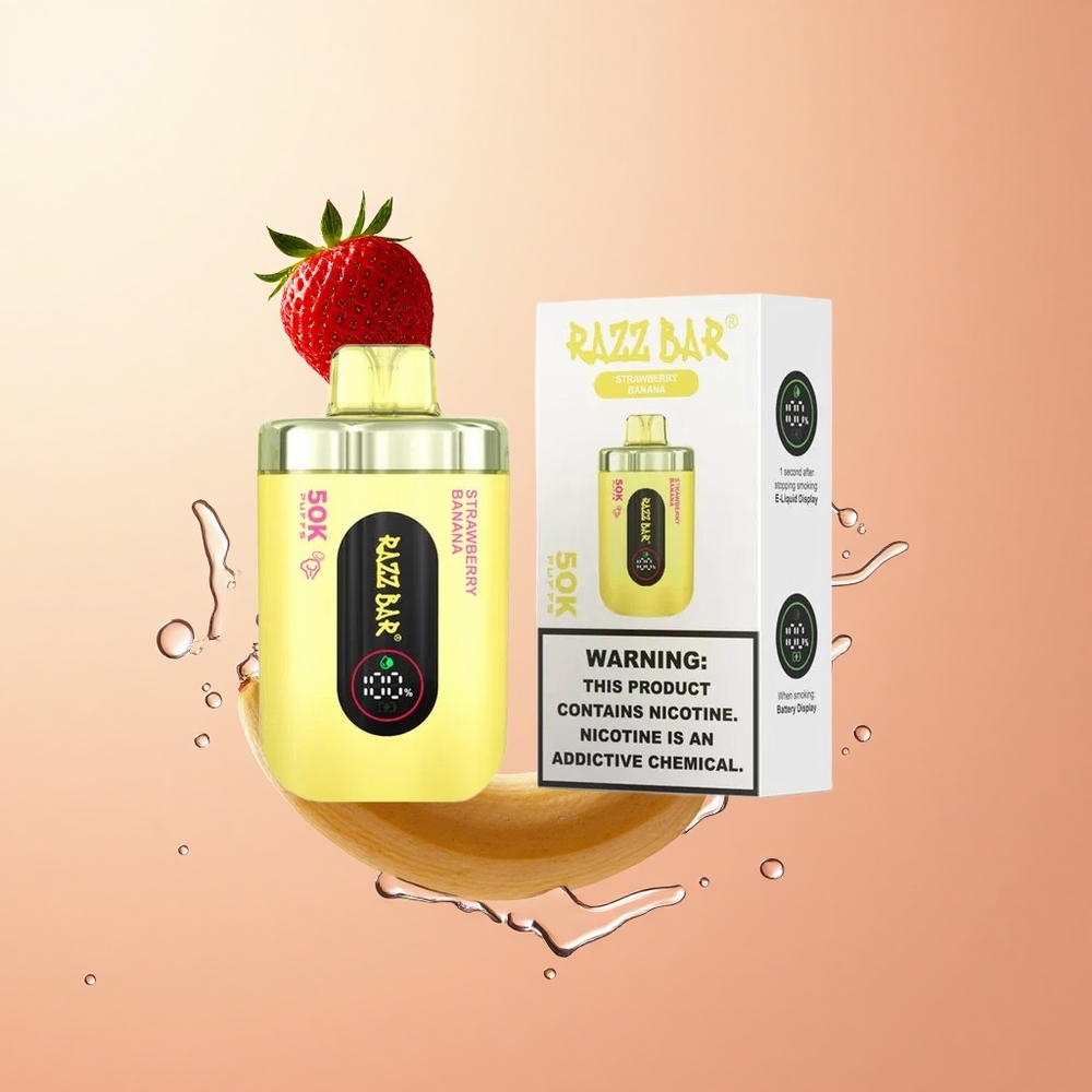 Fresa Plátano Razz Bar 50K Caladas Vape Desechable con Batería Recargable 650 Mah y 2 de Nicotina